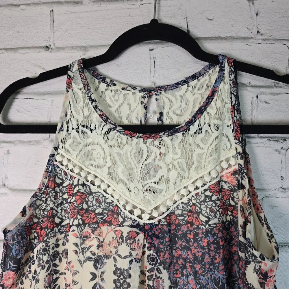 A. BYER SLEEVELESS DRESS LACE NECKLINE ABSTRACT PRINT WOMENS SIZE L
